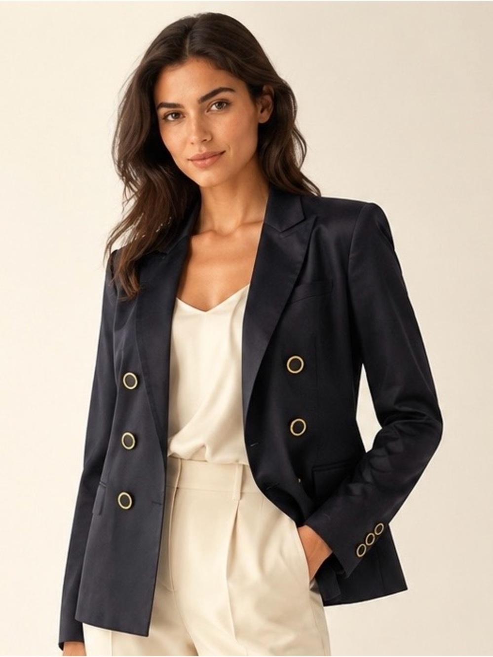 Adrienne Vittadini Deep Navy Gold Button Double Breasted Blazer 8 NWT